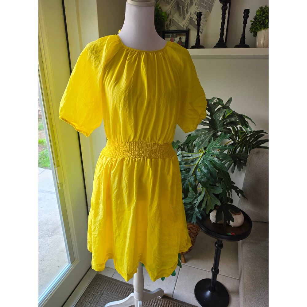Draper James RSVP Womens Yellow Smocked Waist Puff Sleeve Mini Dress Size S